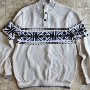 Chaps Men's White Sweater With Geometric Pattern In Blue 1/4 Button Mock Neck